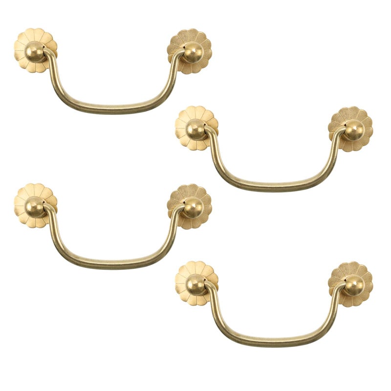 FarBoat 4Pcs Brass Flower Base Cabinet Bail Pulls Handles Antique Hardware for Drawer Closet Dresser Closet (Total Length 100mm/3.93") - Image 1